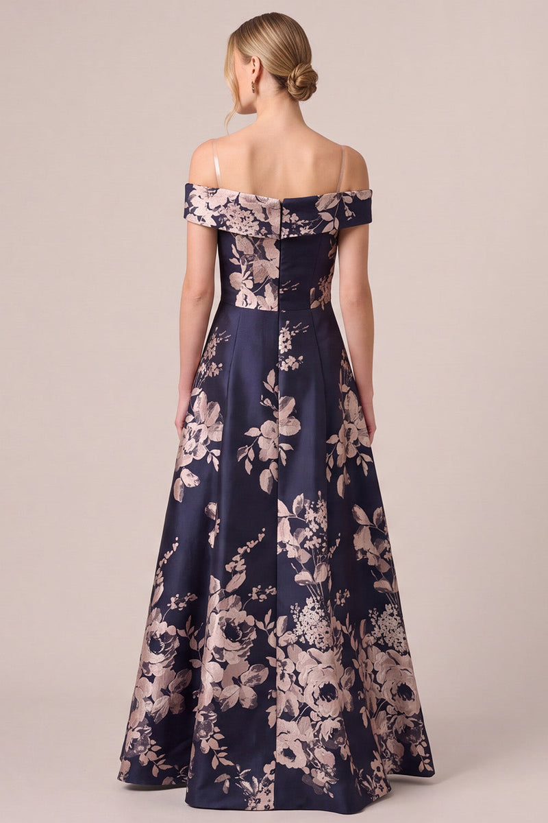 Load image into Gallery viewer, Floral Dark Navy Off The Shoulder Satin A Line Long Mother of the Bride Dress