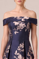 Load image into Gallery viewer, Floral Dark Navy Off The Shoulder Satin A Line Long Mother of the Bride Dress