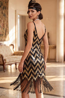 Load image into Gallery viewer, Sparkly Sequins White Golden Bodycon V-Neck Midi 1920s Dress with Fringes