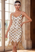 Load image into Gallery viewer, Sparkly Sequins White Golden Bodycon V-Neck Midi 1920s Dress with Fringes