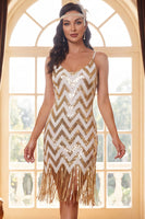 Load image into Gallery viewer, Sparkly Sequins White Golden Bodycon V-Neck Midi 1920s Dress with Fringes