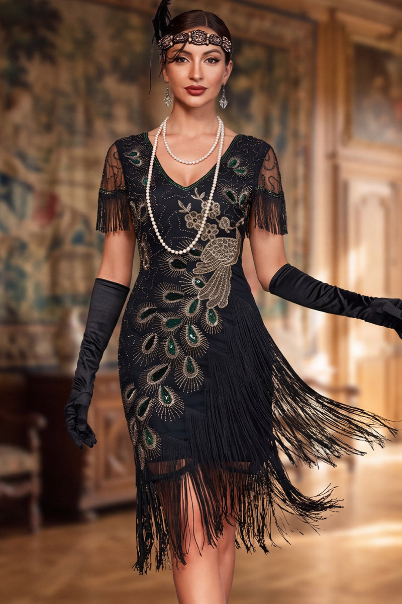Load image into Gallery viewer, Sparkly Bodycon Black V-Neck Sequin Midi 1920s Dress with Fringes