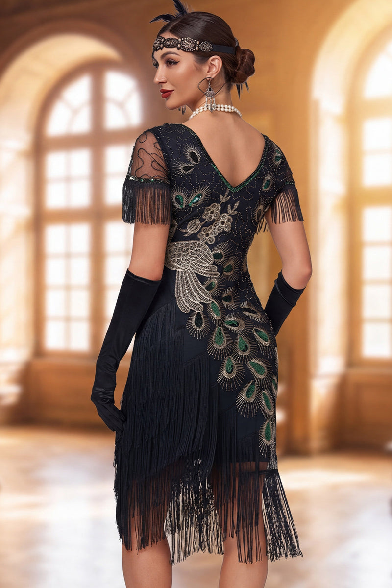 Load image into Gallery viewer, Sparkly Bodycon Black V-Neck Sequin Midi 1920s Dress with Fringes