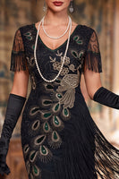 Load image into Gallery viewer, Sparkly Bodycon Black V-Neck Sequin Midi 1920s Dress with Fringes