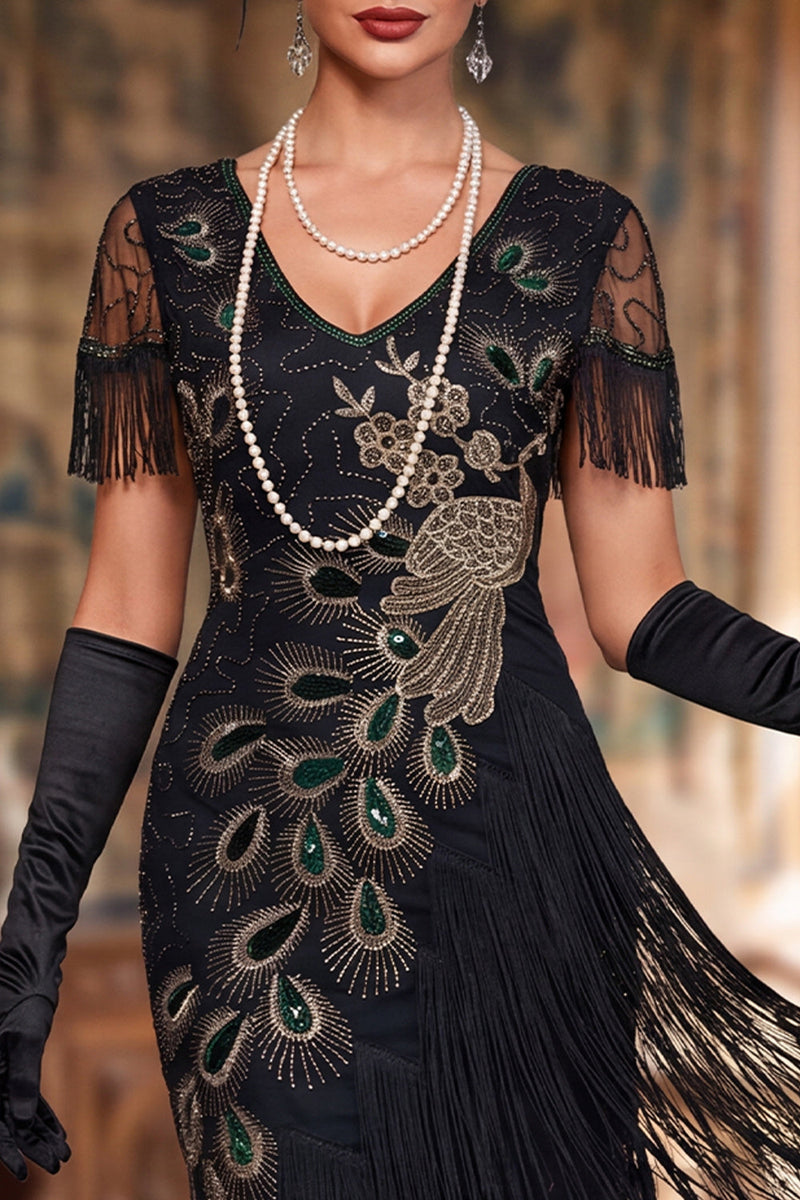 Load image into Gallery viewer, Sparkly Bodycon Black V-Neck Sequin Midi 1920s Dress with Fringes