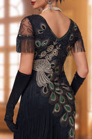 Load image into Gallery viewer, Sparkly Bodycon Black V-Neck Sequin Midi 1920s Dress with Fringes