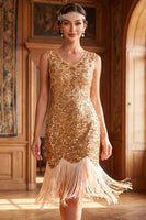 Load image into Gallery viewer, Sparkly Golden V-Neck Sequin Bodycon Midi 1920s Dress with Fringes