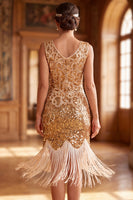 Load image into Gallery viewer, Sparkly Golden V-Neck Sequin Bodycon Midi 1920s Dress with Fringes