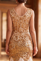 Load image into Gallery viewer, Sparkly Golden V-Neck Sequin Bodycon Midi 1920s Dress with Fringes