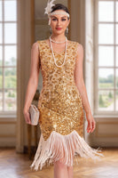 Load image into Gallery viewer, Sparkly Golden V-Neck Sequin Bodycon Midi 1920s Dress with Fringes