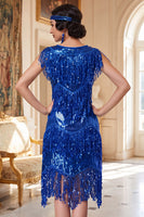 Load image into Gallery viewer, Sparkly Royal Blue Bodycon Sequin Tiered Fringed Midi 1920s Dress