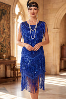 Load image into Gallery viewer, Sparkly Royal Blue Bodycon Sequin Tiered Fringed Midi 1920s Dress