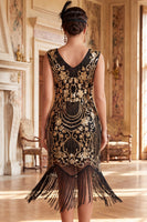 Load image into Gallery viewer, Sparkly Black Golden Fringed Bodycon V-Neck Sequin Midi 1920s Dress