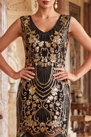 Load image into Gallery viewer, Sparkly Black Golden Fringed Bodycon V-Neck Sequin Midi 1920s Dress