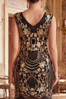 Load image into Gallery viewer, Sparkly Black Golden Fringed Bodycon V-Neck Sequin Midi 1920s Dress