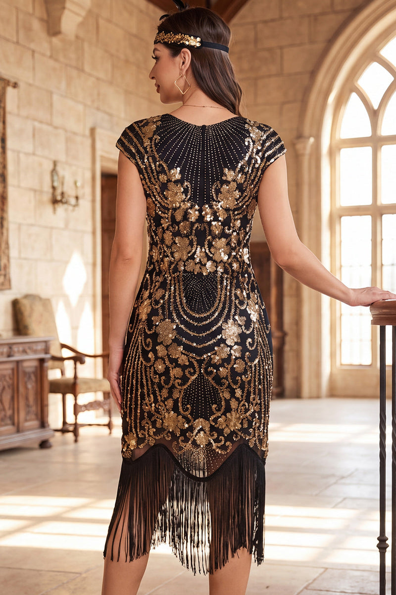 Load image into Gallery viewer, Sparkly Dark Green Fringed Sequin Bodycon Beaded Midi 1920s Dress