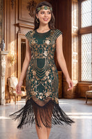 Load image into Gallery viewer, Sparkly Dark Green Fringed Sequin Bodycon Beaded Midi 1920s Dress