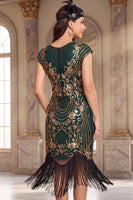 Load image into Gallery viewer, Sparkly Dark Green Fringed Sequin Bodycon Beaded Midi 1920s Dress