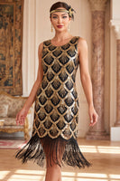 Load image into Gallery viewer, Bodycon Black Golden Sparkly Sequin Keyhole Midi 1920s Dress with Fringes