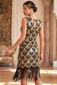 Bodycon Black Golden Sparkly Sequin Keyhole Midi 1920s Dress with Fringes