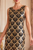 Load image into Gallery viewer, Bodycon Black Golden Sparkly Sequin Keyhole Midi 1920s Dress with Fringes