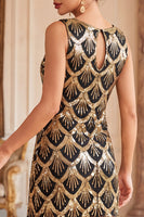 Load image into Gallery viewer, Bodycon Black Golden Sparkly Sequin Keyhole Midi 1920s Dress with Fringes