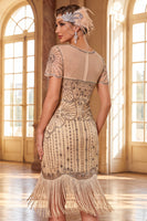 Load image into Gallery viewer, Apricot Fringed Beaded Bodycon V-Neck Sparkly Sequin Midi 1920s Dress
