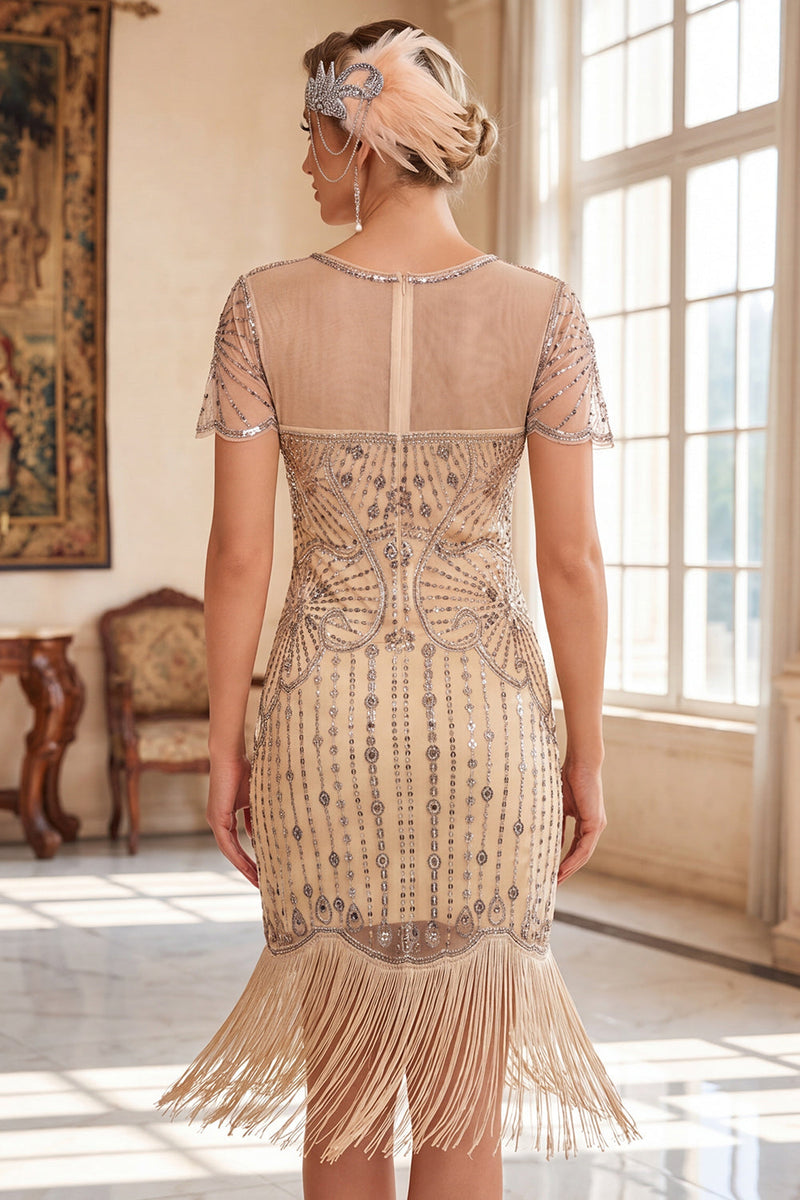 Load image into Gallery viewer, Apricot Fringed Beaded Bodycon V-Neck Sparkly Sequin Midi 1920s Dress