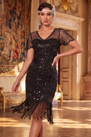 Load image into Gallery viewer, Apricot Fringed Beaded Bodycon V-Neck Sparkly Sequin Midi 1920s Dress
