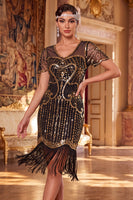 Load image into Gallery viewer, Apricot Fringed Beaded Bodycon V-Neck Sparkly Sequin Midi 1920s Dress