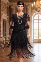 Load image into Gallery viewer, Sparkly Black Green Bodycon Fringed Sequin Round Neck Midi 1920s Dress