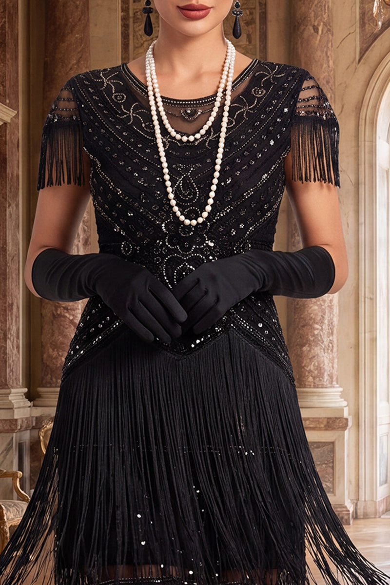 Load image into Gallery viewer, Sparkly Black Green Bodycon Fringed Sequin Round Neck Midi 1920s Dress