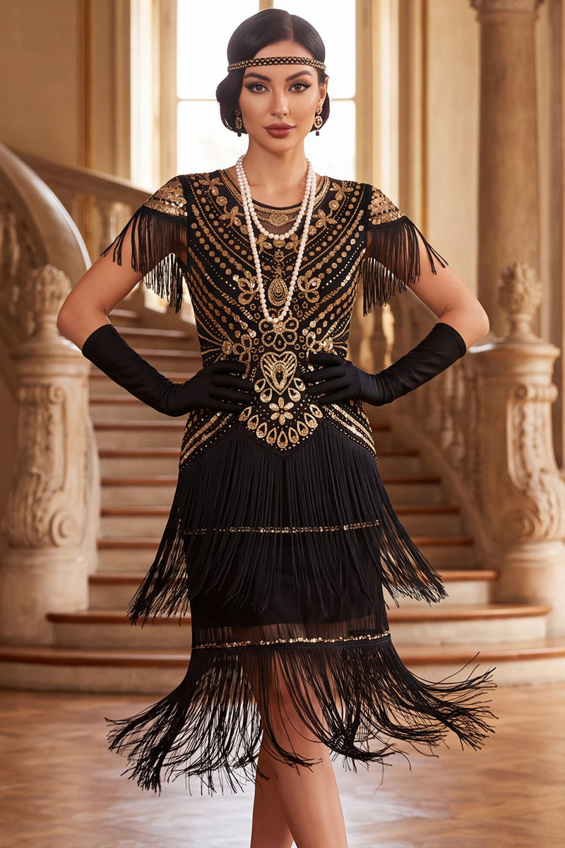 Load image into Gallery viewer, Sparkly Black Green Bodycon Fringed Sequin Round Neck Midi 1920s Dress