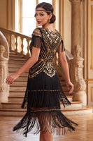 Load image into Gallery viewer, Sparkly Black Green Bodycon Fringed Sequin Round Neck Midi 1920s Dress