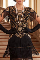 Load image into Gallery viewer, Sparkly Black Green Bodycon Fringed Sequin Round Neck Midi 1920s Dress