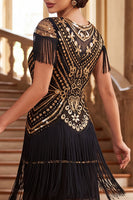 Load image into Gallery viewer, Sparkly Black Green Bodycon Fringed Sequin Round Neck Midi 1920s Dress
