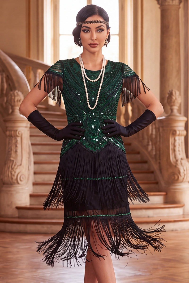 Load image into Gallery viewer, Sparkly Black Green Bodycon Fringed Sequin Round Neck Midi 1920s Dress