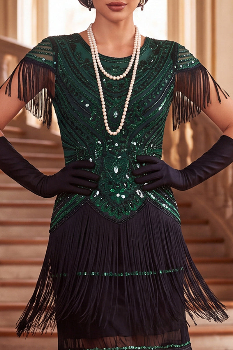 Load image into Gallery viewer, Sparkly Black Green Bodycon Fringed Sequin Round Neck Midi 1920s Dress