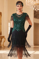 Load image into Gallery viewer, Sparkly Black Green Bodycon Fringed Sequin Round Neck Midi 1920s Dress