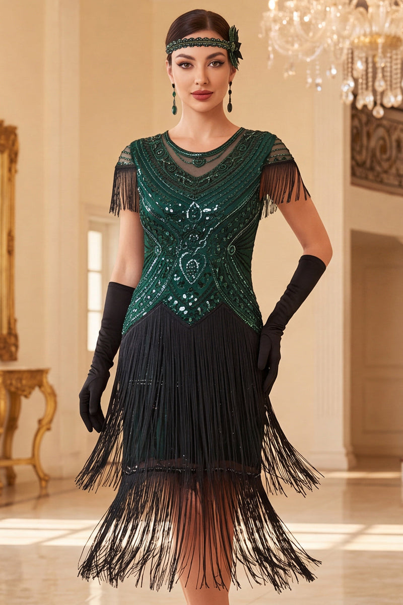 Load image into Gallery viewer, Sparkly Black Green Bodycon Fringed Sequin Round Neck Midi 1920s Dress