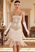Load image into Gallery viewer, Apricot Bodycon Sparkly Fringed Sequin Beaded Midi 1920s Dress