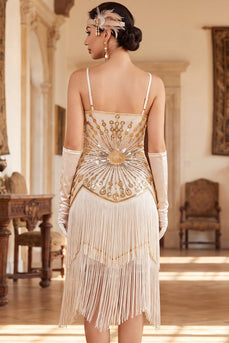 Apricot Bodycon Sparkly Fringed Sequin Beaded Midi 1920s Dress