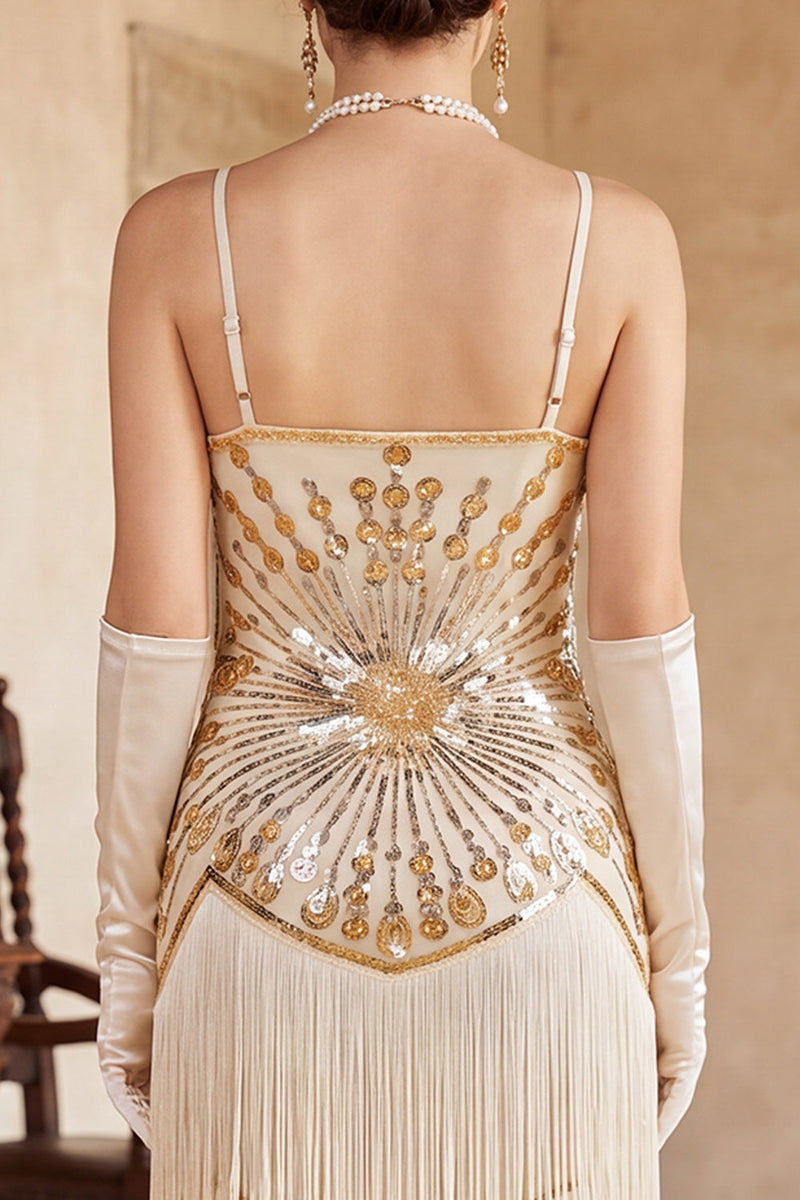 Load image into Gallery viewer, Apricot Bodycon Sparkly Fringed Sequin Beaded Midi 1920s Dress