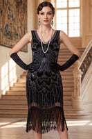 Load image into Gallery viewer, Sparkly Black Sequin Bodycon V-Neck Fringed Midi 1920s Dress