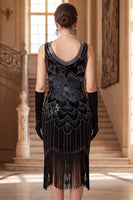 Load image into Gallery viewer, Sparkly Black Sequin Bodycon V-Neck Fringed Midi 1920s Dress