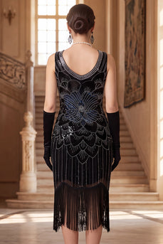 Sparkly Black Sequin Bodycon V-Neck Fringed Midi 1920s Dress