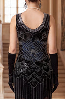 Load image into Gallery viewer, Sparkly Black Sequin Bodycon V-Neck Fringed Midi 1920s Dress