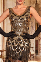 Load image into Gallery viewer, Sparkly Black Sequin Bodycon V-Neck Fringed Midi 1920s Dress