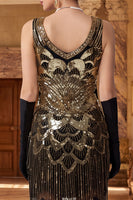 Load image into Gallery viewer, Sparkly Black Sequin Bodycon V-Neck Fringed Midi 1920s Dress