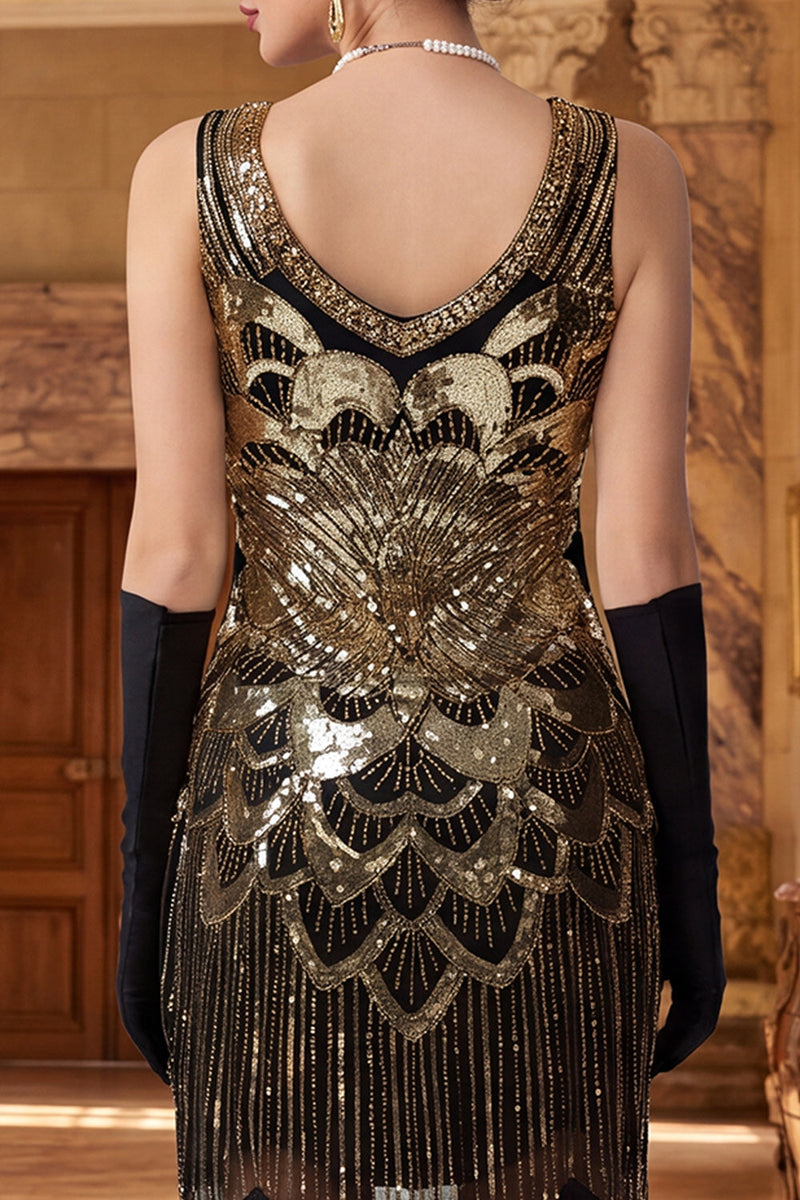 Load image into Gallery viewer, Sparkly Black Sequin Bodycon V-Neck Fringed Midi 1920s Dress